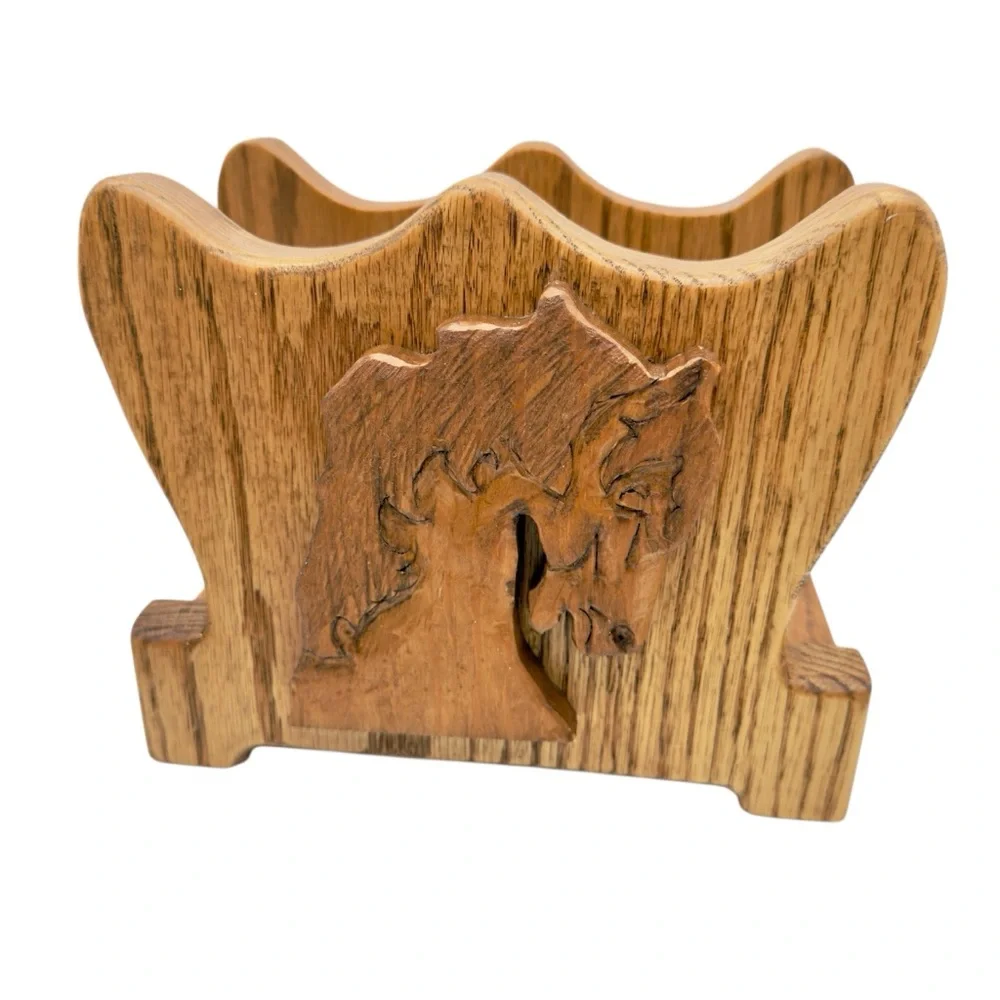 Vintage Hand Carved Wood Horse Letter Napkin Holder Equestrian Functional Decor